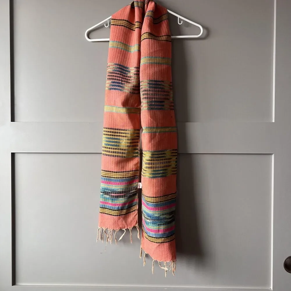 IDEA'S Scarf Womens One Size Orange Multi Color Striped Woven Fringed India Boho